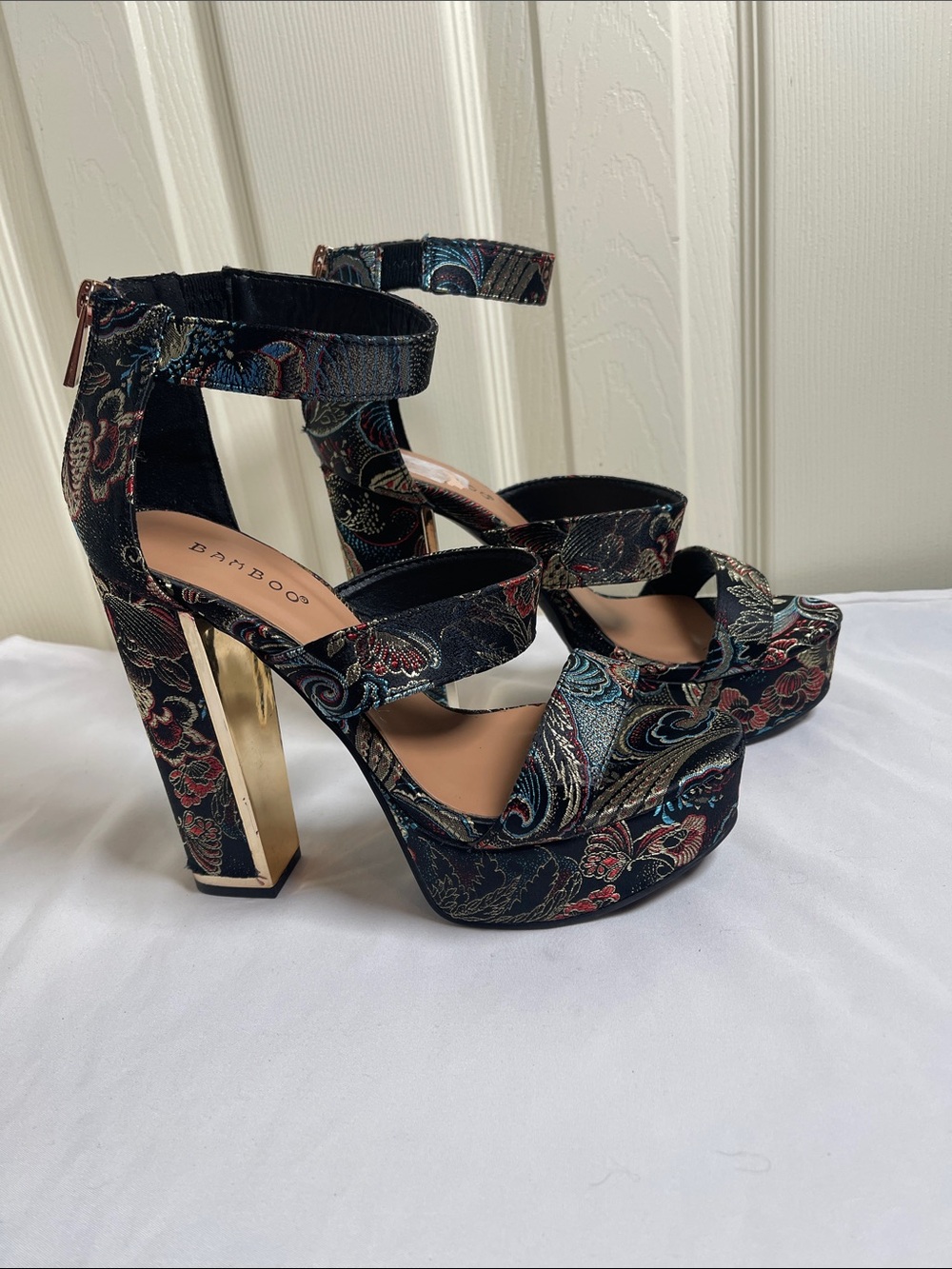 BAMBOO Black Floral Jacquard Platform Sandals with Gold Heel